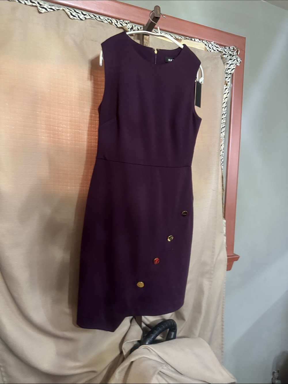 DKNY Sleeveless Purple Sheath Dress with Decorative Buttons